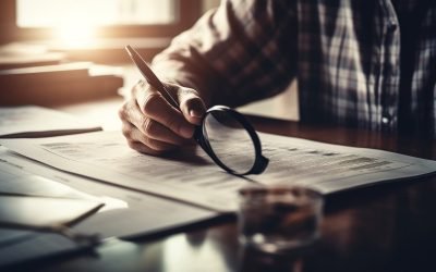 Young businessman analyzing data, holding magnifying glass generated by artificial intelligence