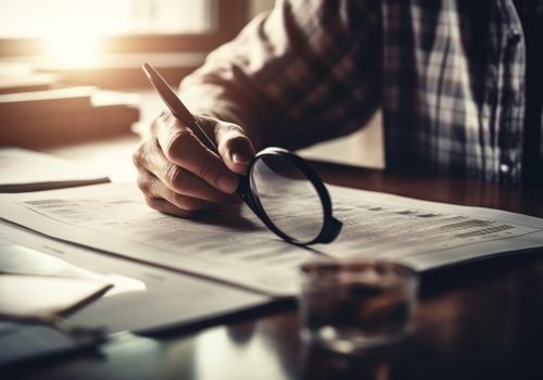 Young businessman analyzing data, holding magnifying glass generated by artificial intelligence